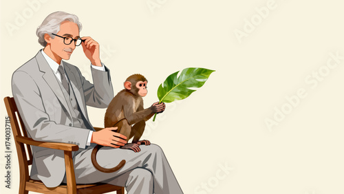 Man with monkey holding leaf