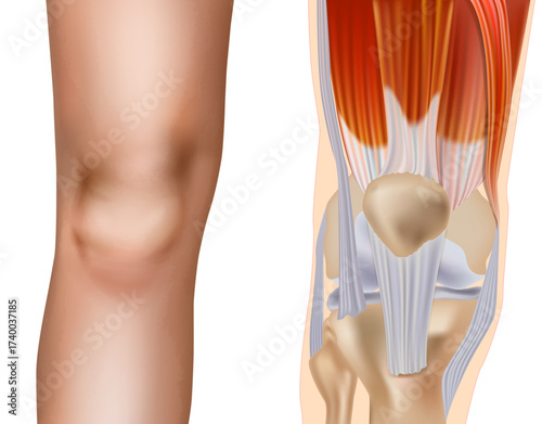 Human Knee Joint Anatomy with Muscles and Tendons Illustration. Medical Diagram of Knee Bones, Ligaments and Muscle Structure