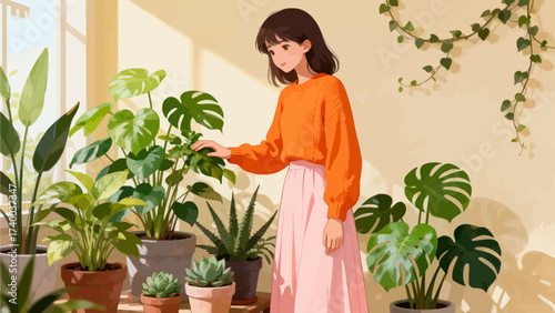 Woman tending to indoor plants near window