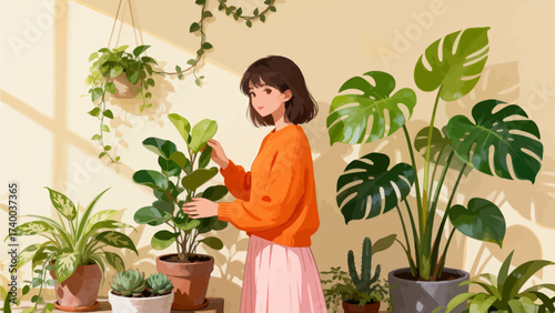 Woman tending to indoor plants