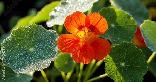 Vibrant orange flower with dew on lush green leaves in a sunny garden