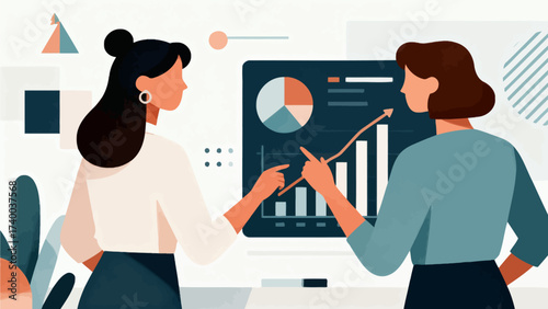 Two women discussing data charts