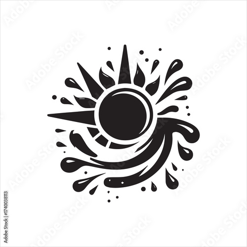 Vector logo illustration of sun with water splash, black and white design