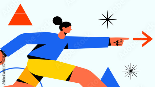 Person pointing forward with geometric shapes