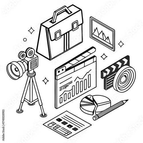 Film production isometric tools illustration