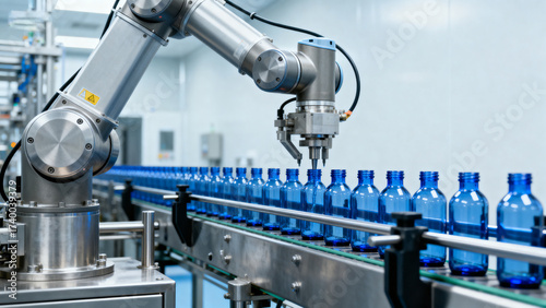 Robotic arm handling blue bottles on conveyor