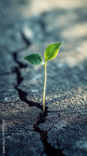 Macro Shot of Sprout Breaking Through Cracked Asphalt with Subtle Shadows Vertical Image
