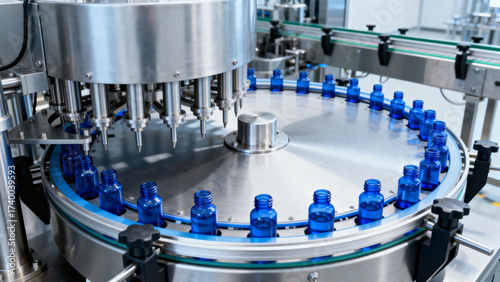 Blue bottles on industrial filling machine