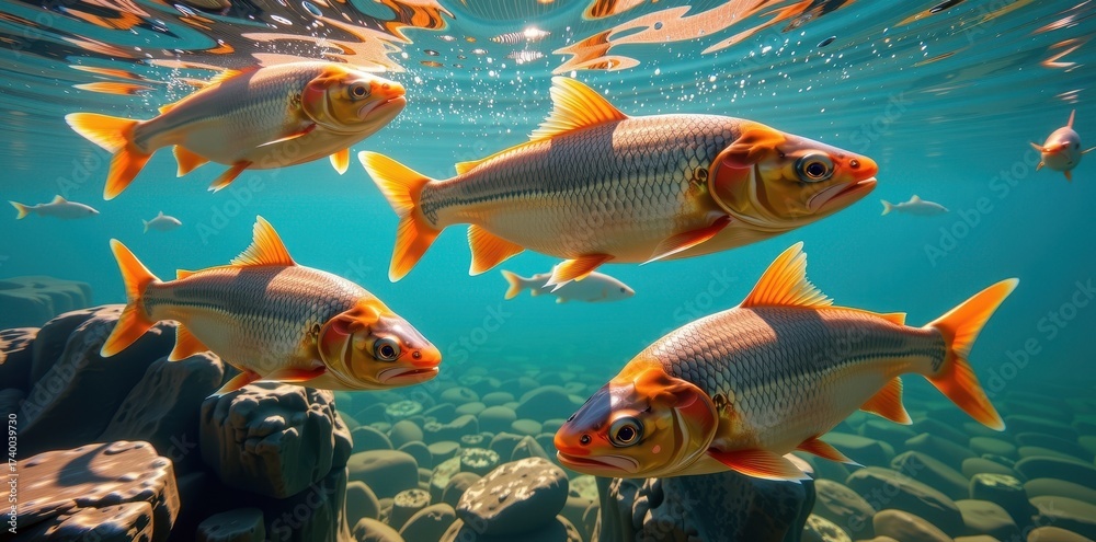 Fototapeta premium Large fish swim in a crystal-clear river, sunlight illuminating their scales and the smooth riverbed below, shimmering, underwater, freshwater