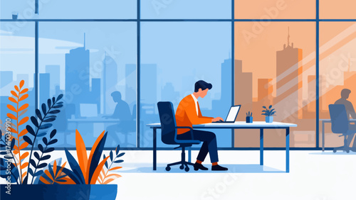 Man working at desk with city view