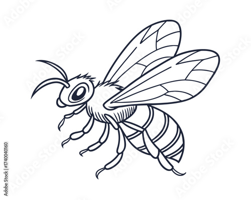 Detailed Line Art Illustration of a Honeybee Flying with Intricate Wing Patterns and a Charming Bee Body Design