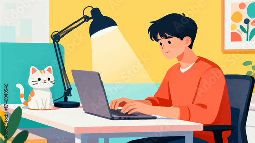 Man working on laptop with cat nearby