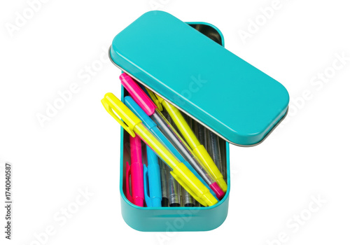 Isolated metallic pen box with colorful markers and office supplies on a seamless cutout