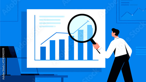 Man examining chart with magnifying glass
