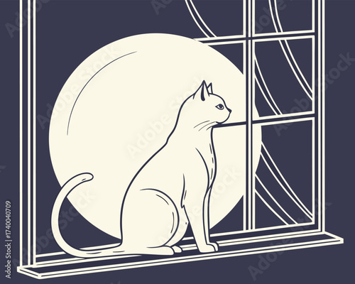 Elegant Cat Silhouette Contemplating a Full Moon Through a Window Late at Night Interior Scene