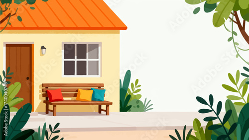 Cozy house with bench and colorful pillows