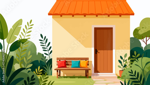 Small house with bench and colorful pillows