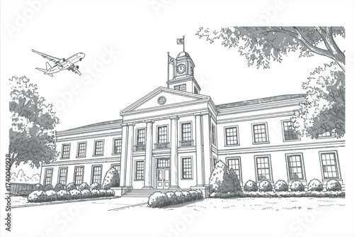 Line art illustration of a neoclassical building with an airplane flying overhead architecture