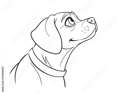 Line art illustration of a hopeful dog looking up with a collar pet portrait outline simple drawing isolated on white background vector cartoon style