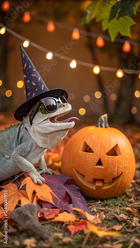 With funny chameleon wearing sunglasses and witch's hat with carved Halloween pumpkin. autumn party