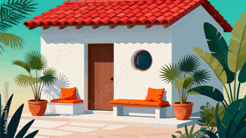 Tropical house with red roof and orange cushions