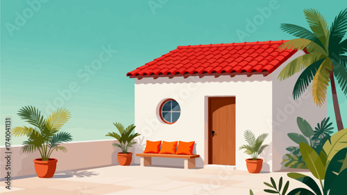 White house with red roof and tropical plants