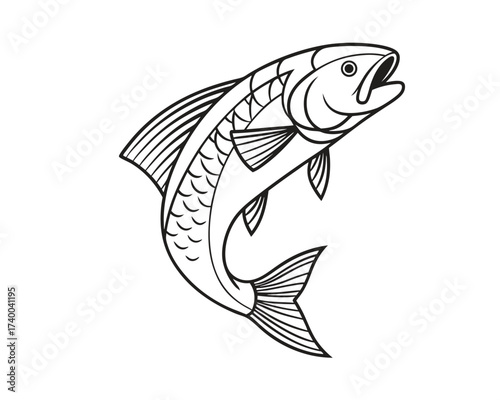 Dynamic black and white line art illustration of a leaping fish depicting strength agility and a vibrant aquatic ecosystem suitable for various design projects