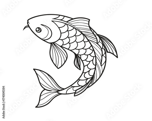 Elegant Koi Fish Outline Drawing Symbolizing Prosperity and Good Fortune for Coloring Books and Tattoo Designs