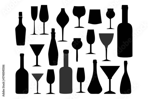 Seamless pattern of silhouettes of alcohol bottles and glasses of different sizes and shapes. Alcoholic drinks. Champagne, wine .vector icon
