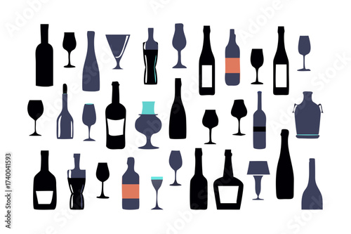 Seamless pattern of silhouettes of alcohol bottles and glasses of different sizes and shapes. Alcoholic drinks. Champagne, wine .vector icon
