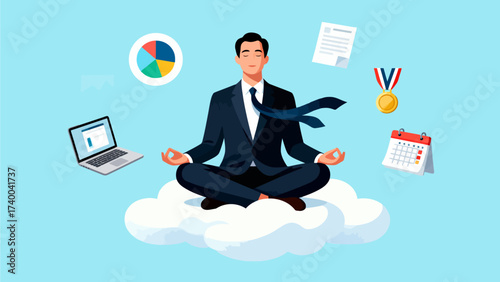Businessman meditating on cloud with work icons