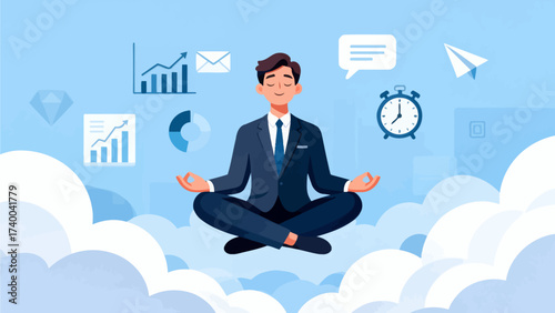 Businessman meditating amid work symbols