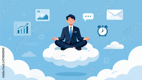 Businessman meditating on cloud surrounded by icons