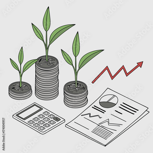 Financial growth illustration with coins plants and calculator