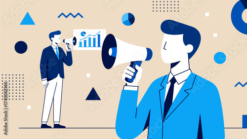 Businessmen with megaphones and charts