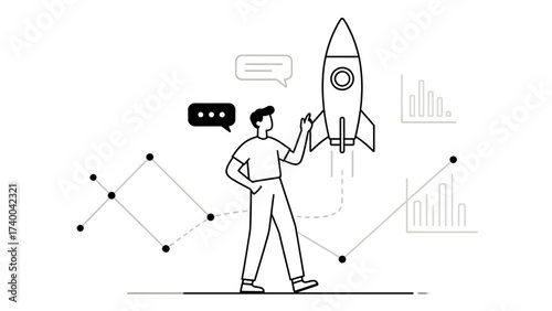 Person pointing at rocket with charts