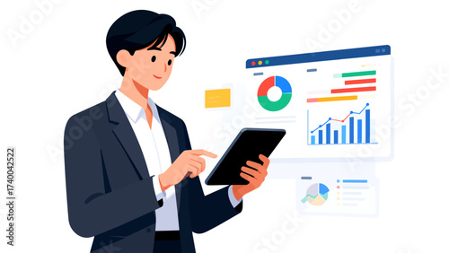 Businessman using tablet with data charts