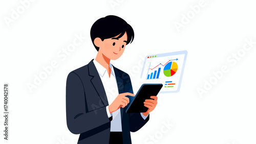Man using tablet with data charts
