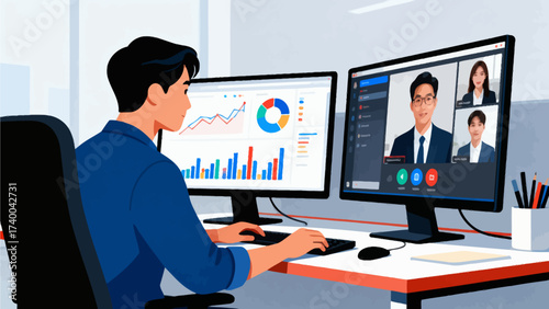 Man working at desk with dual monitors