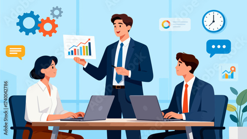 Business team in meeting with charts and laptops