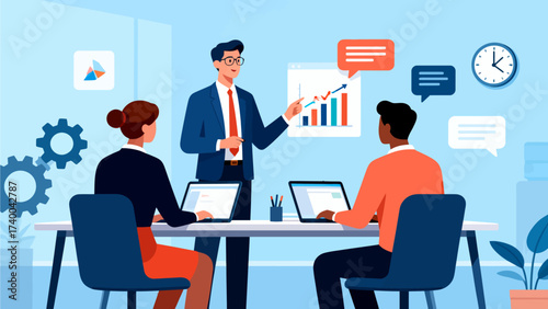 Business team in meeting with charts and laptops