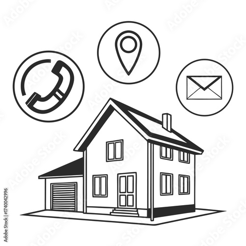 Contact icons around modern house illustration