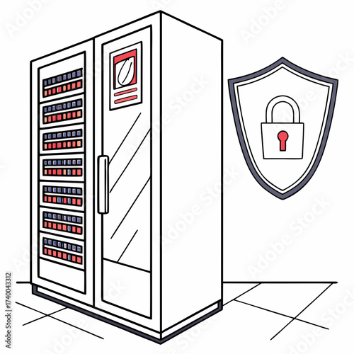 Secured server room data center with rack server and shield with padlock concept of data protection, security, and privacy vector illustration