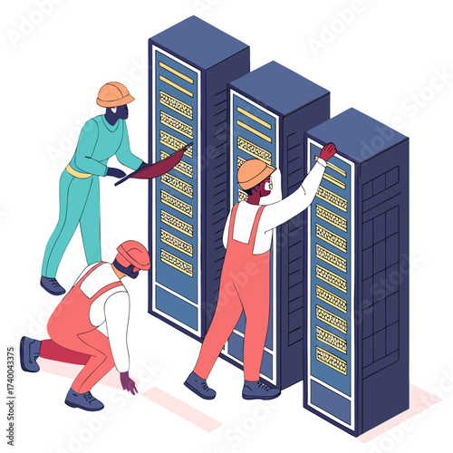 Server room maintenance system administrator with laptop and tablet near server rack concept of data center, network, and cloud computing vector illustration