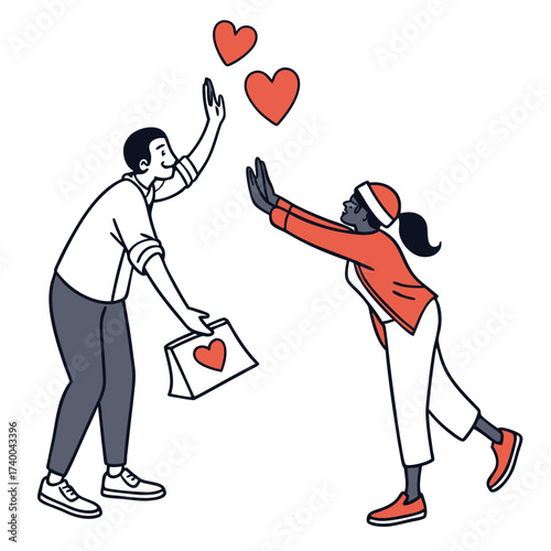 Couple sharing hearts illustration