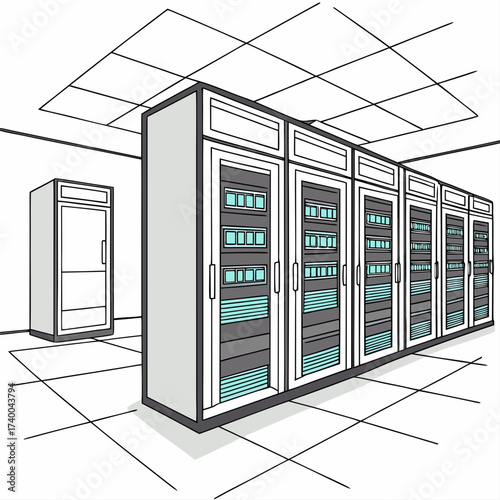 Illustration of a server room depicts data center, cybersecurity, and cloud computing in a modern and minimalist style perspective view