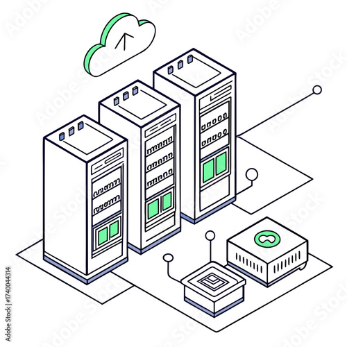 Isometric illustration of a server room with cloud computing, data storage, and network infrastructure the servers are connected to a cloud and other devices