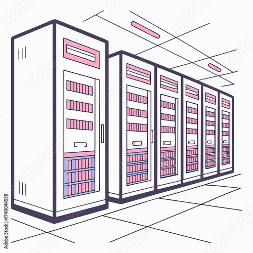 Data center server room with multiple server racks illustration of data storage, cloud computing, and information technology infrastructure