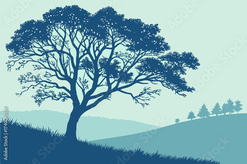 Shorebird by Tree and Water Vector - Duotone Coastal/River Graphic