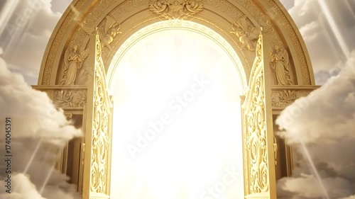 Golden gates of paradise open to white clouds, entrance to everlasting happiness